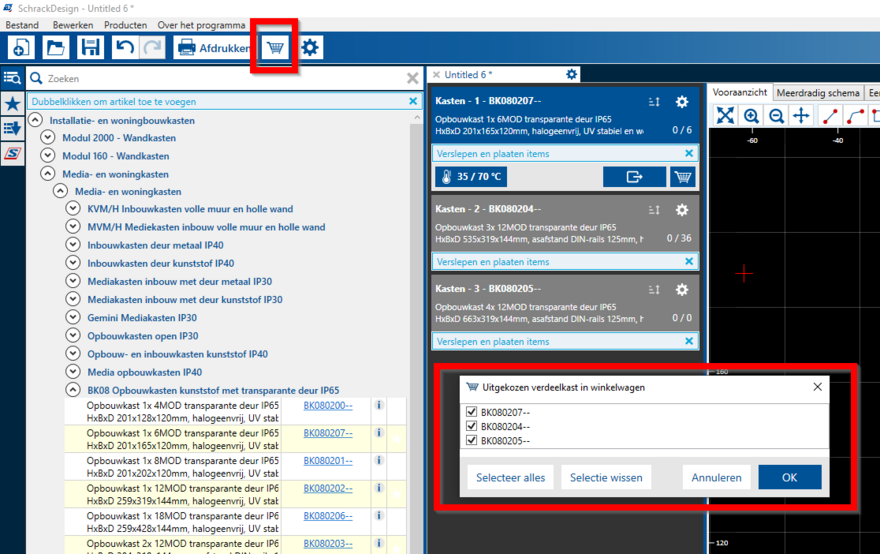 Schrack Design 5.3. | Professionele tekensoftware elektrische verdeelkasten | Meerdere verdeelkasten selecteren